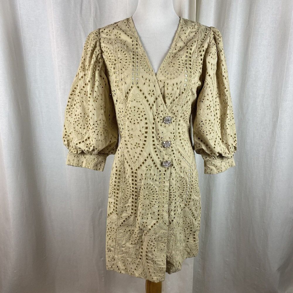 GANNI Size EU 38 US 6 Mini Dress Broderie Anglaise Cotton Balloon-sleeve Eyelet
